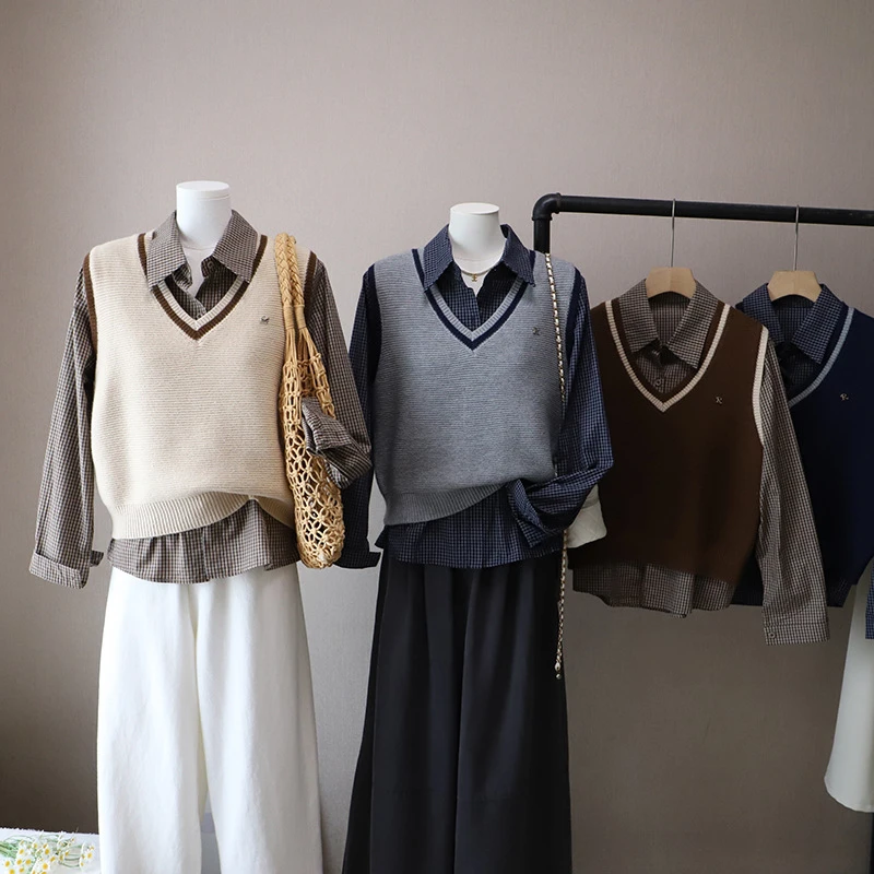 [比正]2025秋季新款韩板时尚好看格子衬衫外搭针织马甲背心女5113