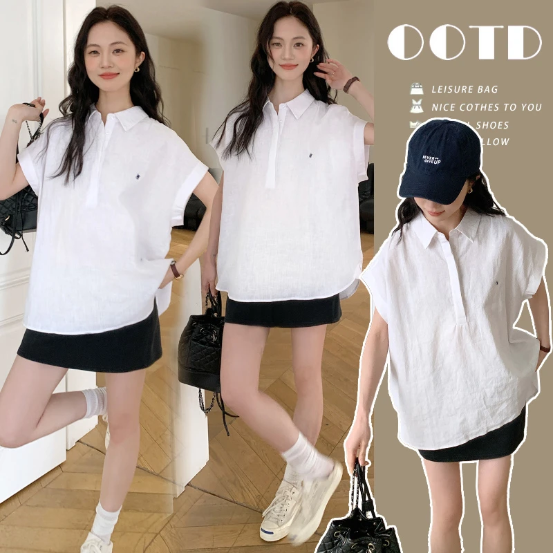 时尚孕妇夏季韩版宽松休闲慵懒风棉麻Polo领+运动半身裙潮妈套装