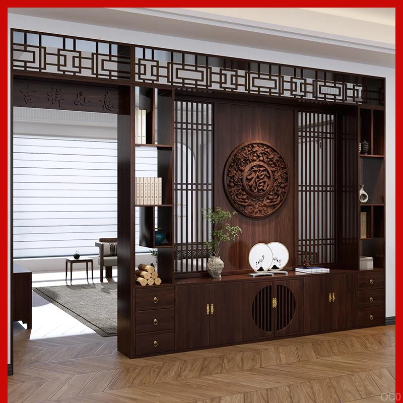 新中式宋氏美学木格栅隔断屏风家用月洞门雕刻入户拱门遮挡玄关架