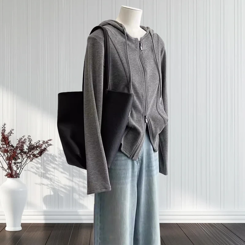 大码胖mm200斤日系chic气质鱼骨线设计连帽开衫女秋季磨毛长袖t恤