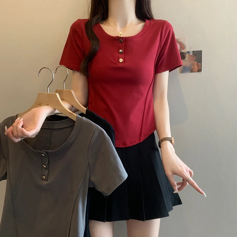 时尚百搭辣妹纯色短袖2025夏装新款胖mm大码休闲遮肉显瘦T恤上衣