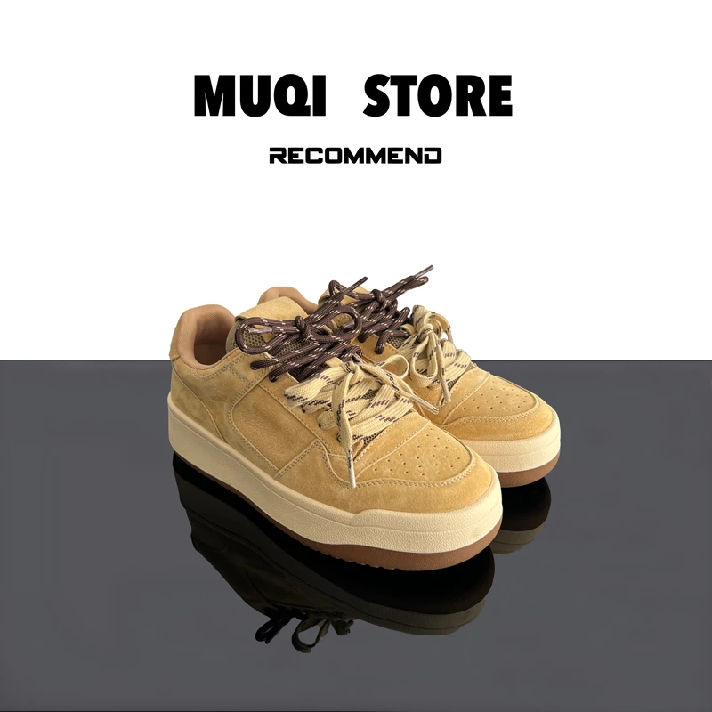 MUQI 春季韩版潮流休闲百搭真皮厚底系带板鞋运动鞋ins