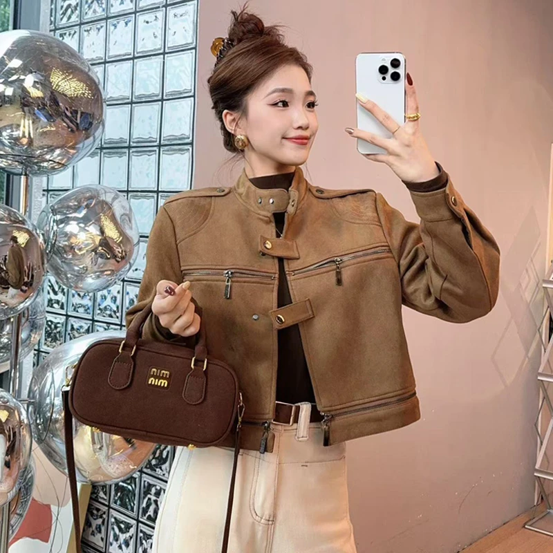 2025横拉链立领小众短外套高级感夹克皮衣时尚百搭外套