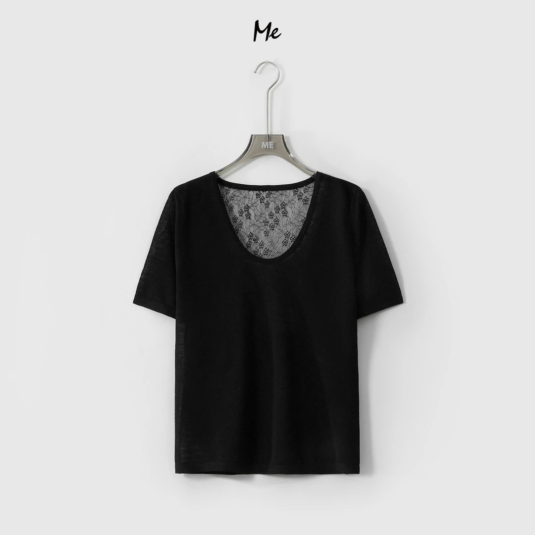 ME【花蕾U背T】重工蕾丝透气遮肉显瘦舒适百搭短袖针织衫MESS2937