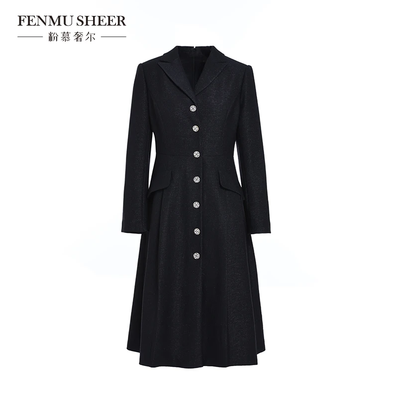 【粉丝专享】粉慕奢尔『巴黎新贵』西装领单排扣收腰气质连衣裙D2571