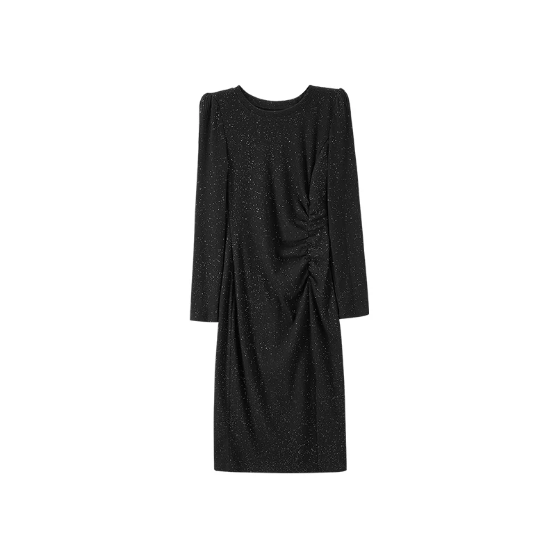 轻职场通勤气质时尚优雅腰部收褶收褶亮片针织连衣裙6650X