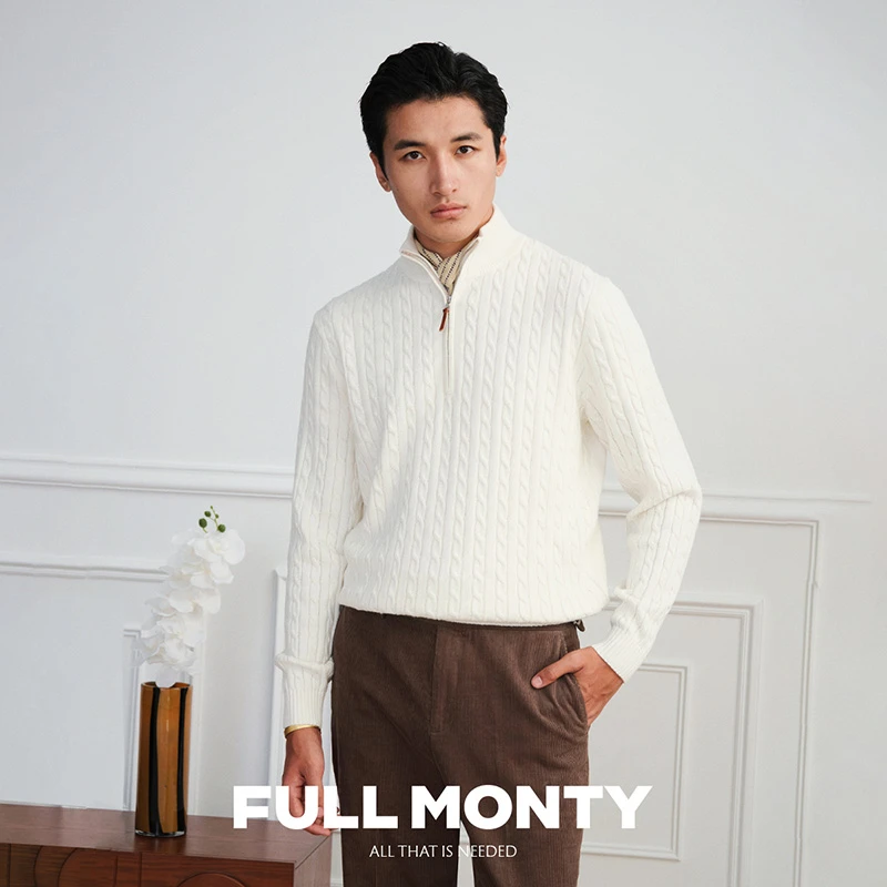 【拉链半门襟针织衫】新款男士藏青色休闲绞花套头毛衣2025秋冬