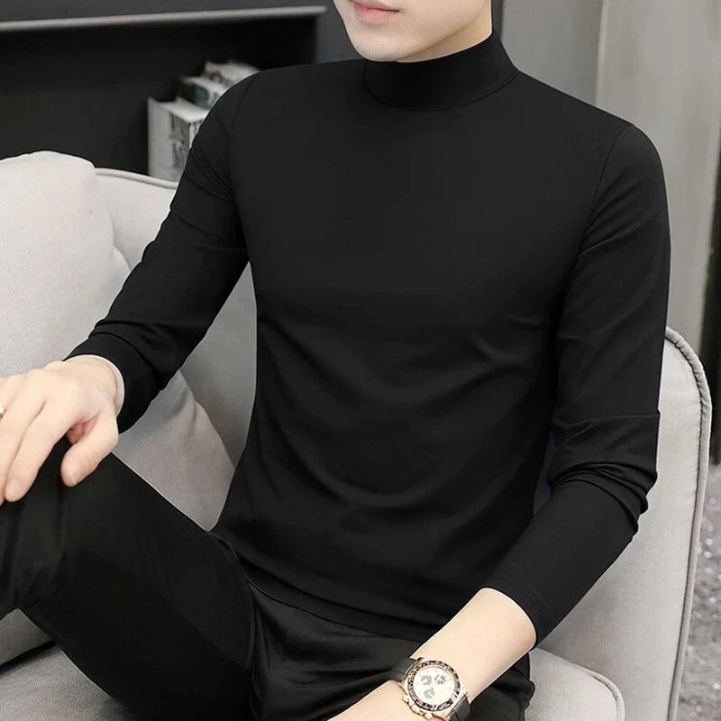 仓石一树半高领长袖t恤男士2025春秋冬加绒加厚保暖修身打底衫男