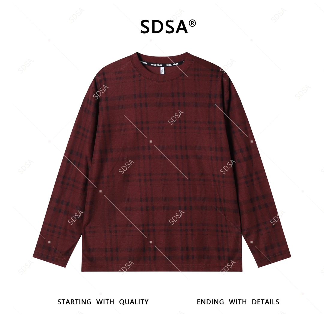 SDSA男士2025新款轻奢痞帅男装撞色格纹设计圆领长袖T恤百搭时尚