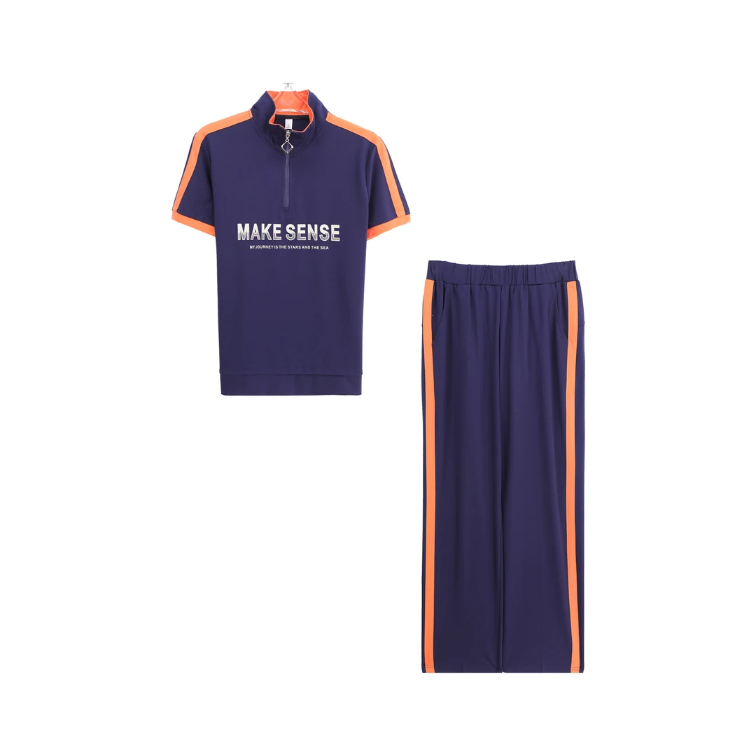 半拉链烫钻字母印花上衣阔腿裤两件套A14020