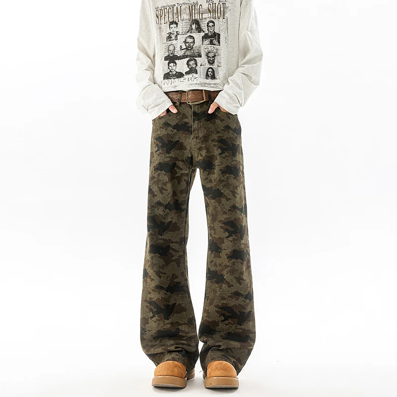 2025年夏季新款迷彩男生潮流美式高街牛仔裤弹力弯刀微喇宽松直筒