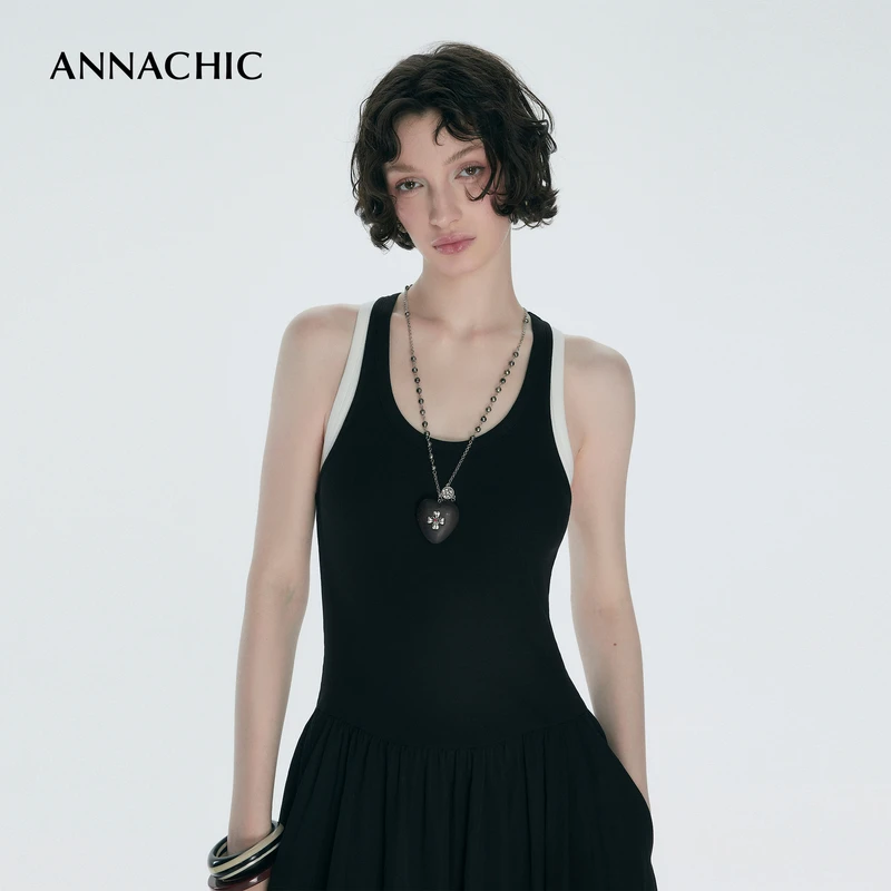 ANNACHIC撞色拼接无袖背心连衣裙女2025年夏季新款收腰显瘦A字裙
