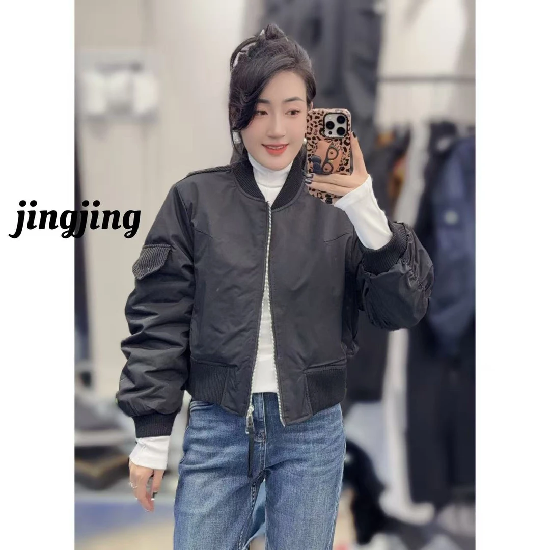 秋季新款休闲百搭圆领袖兜棉服(1108)