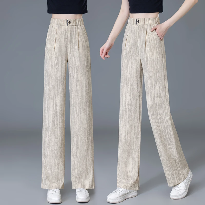 2025春夏季垂感直筒裤女显瘦大码九分高腰宽松冰丝薄款休闲阔腿裤