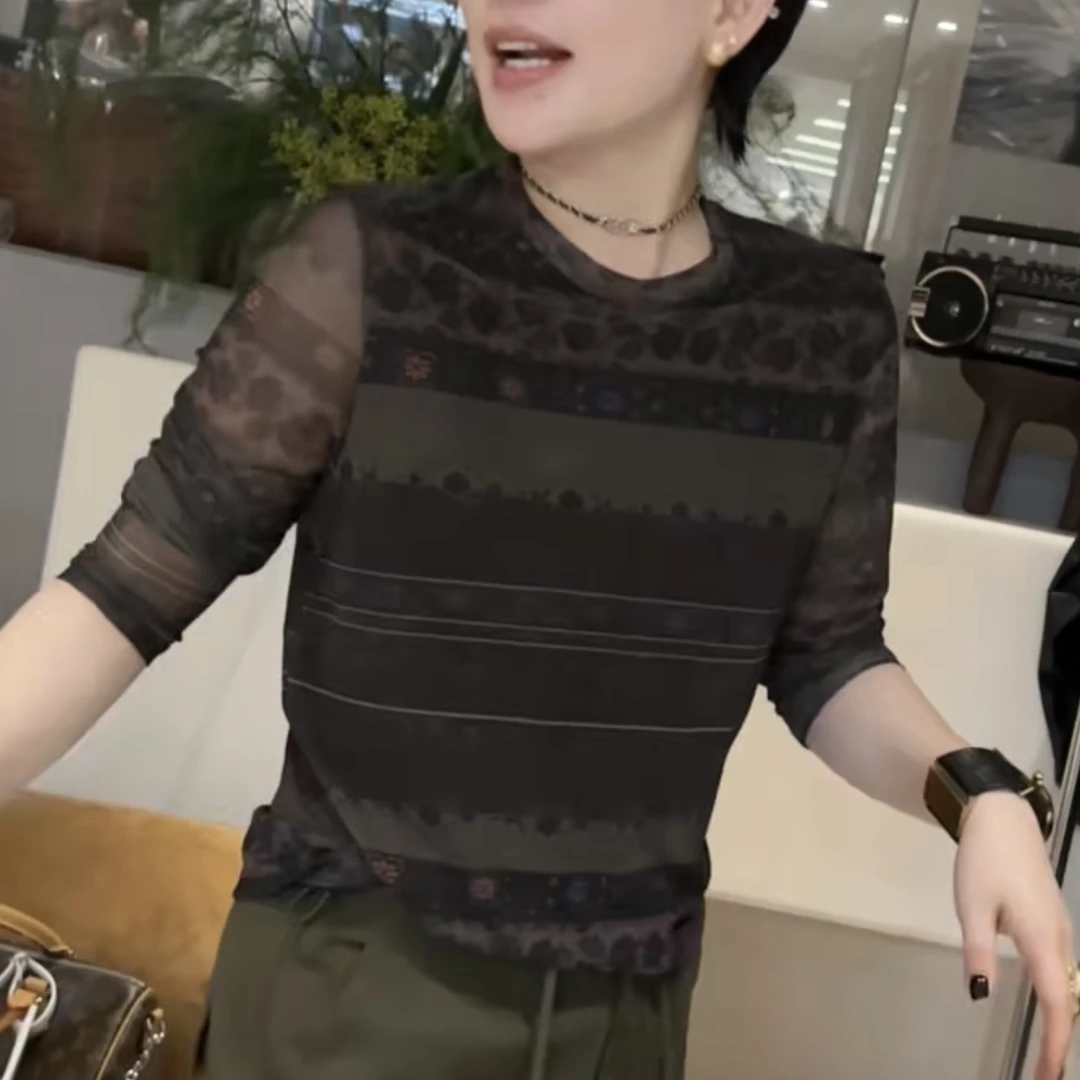 JING2025森林系印花宽松型速干长袖常规圆领T恤常气质打底衫女