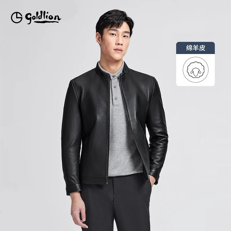 金利来秋冬新款男士皮衣羊皮时尚休闲经典立领拉链外套男