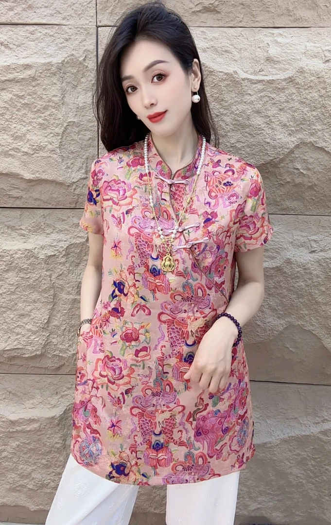 【嫣红】新中式国风立领斜开襟盘扣长流苏气质时尚提花上衣