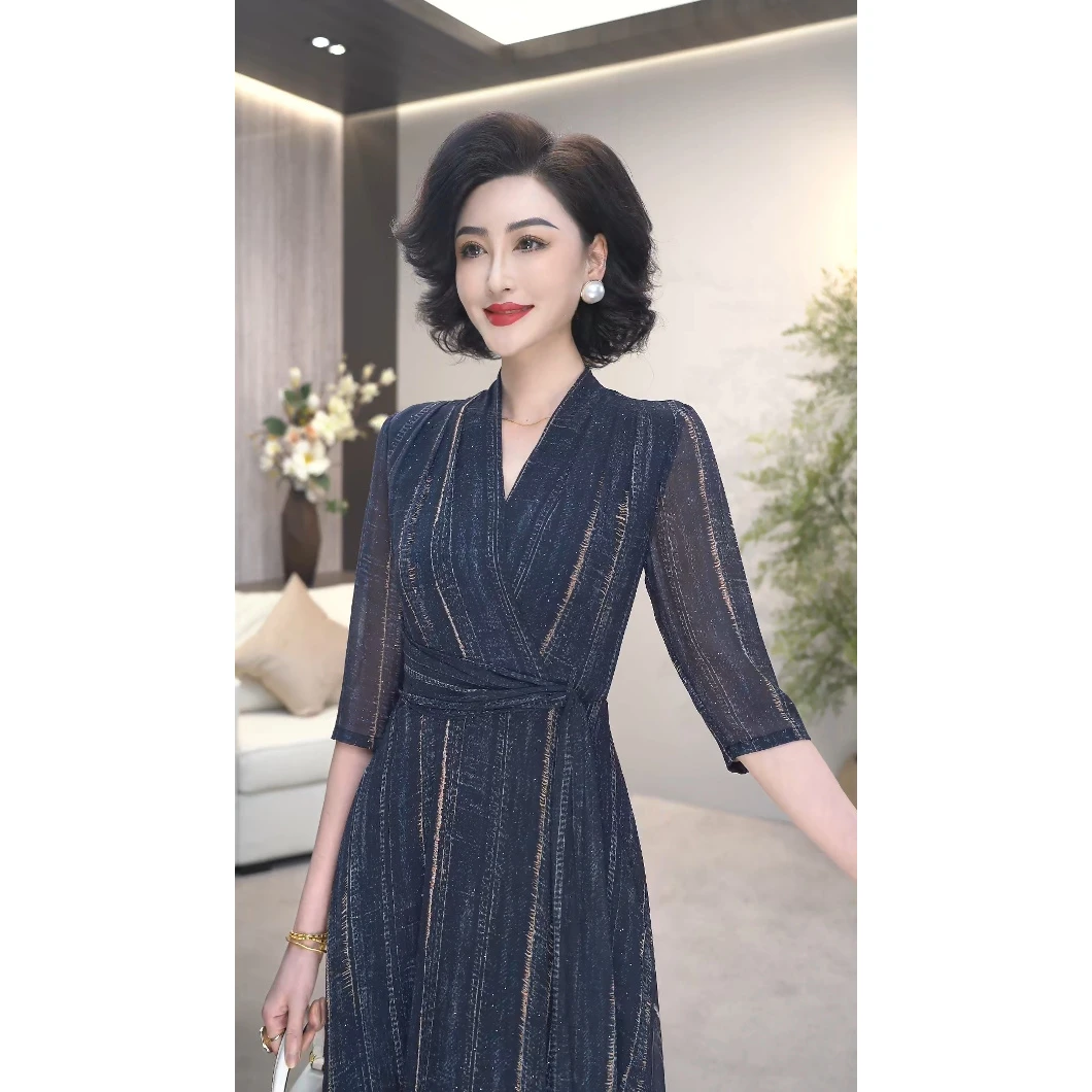 2025夏季（星空蓝韵）高奢原创设计莱赛尔天丝乔其纱连衣裙WF3231