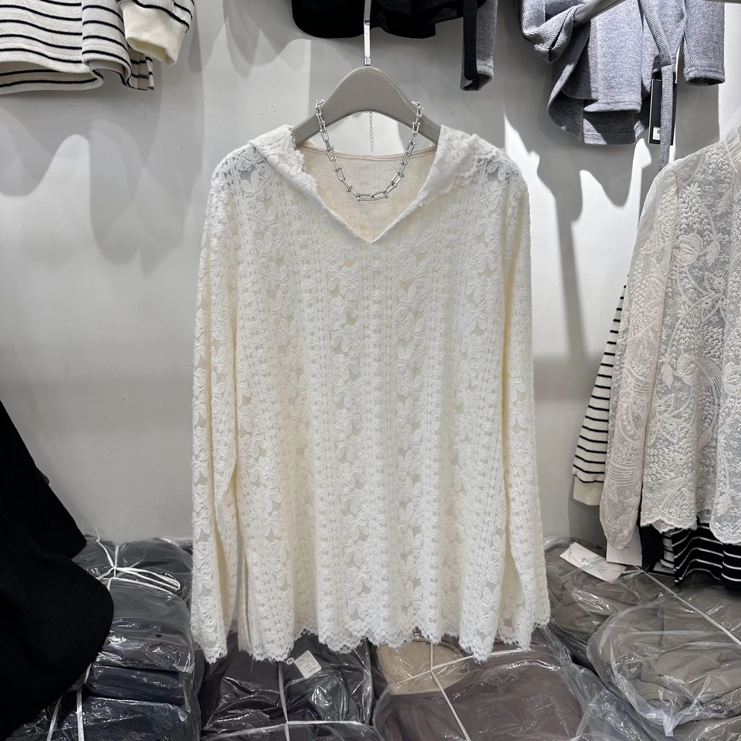 秋冬2025新款欧韩货大版设计钩花网红百搭中长款连帽打底衫