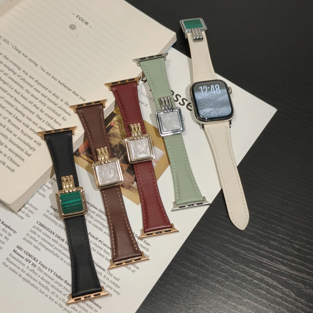 适用苹果手表s10表带孔雀石磁吸扣真皮iwatch s9 s8 s7 s6 se表带