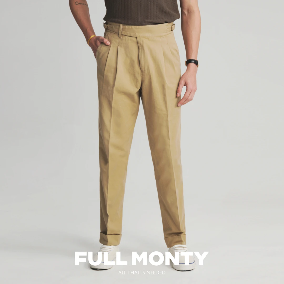 【廓尔格】纯棉斜纹休闲裤男士卡其色双褶宽松长裤夏季款