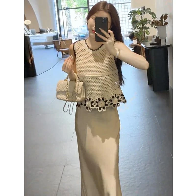 VOCKOO官方夏装穿搭一整套女2025新款镂空无袖上衣高腰鱼尾裙半身