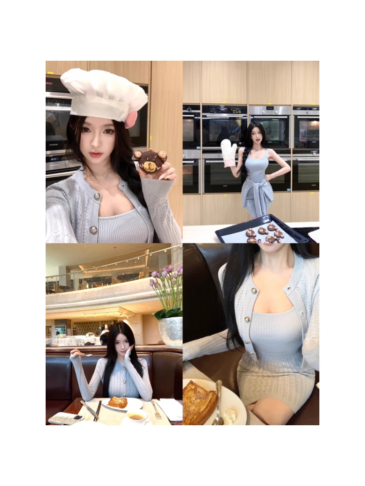 千金玛德琳蓝色镂空针织开衫包臀收腰连衣裙两件套