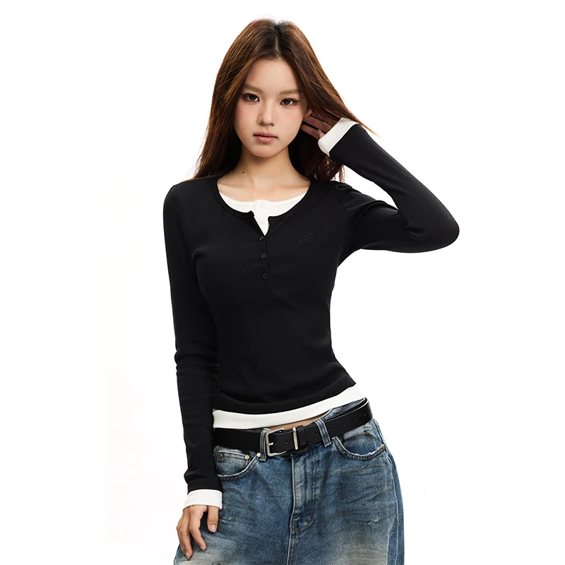 2645【金拐子】APEA层次感撞色假两件针织上衣亨利领修身长袖打底衫