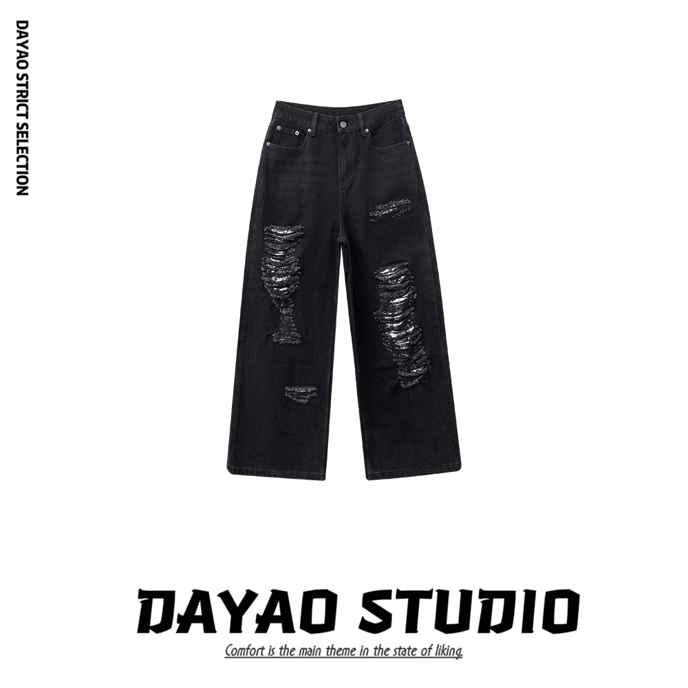 DYA104【亮片王者】亮片水洗牛仔破洞阔腿长裤