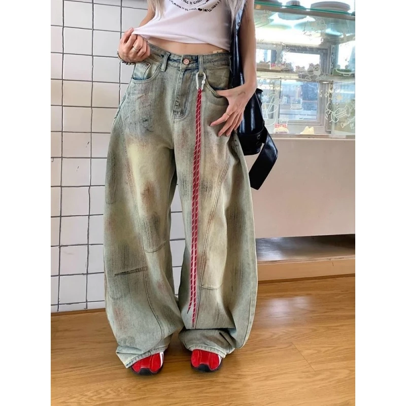 美式辣妹做旧脏染牛仔裤女2025新款潮牌高街直筒宽松显瘦阔腿长裤