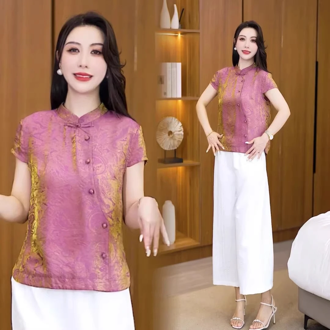 新中式国风盘扣立领短袖衬衫女2025夏季新款时尚小个子洋气质衬衣