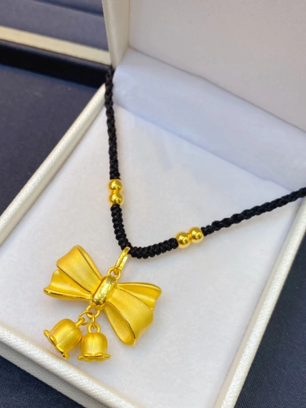 足金999铃兰花蝴蝶结编绳项链