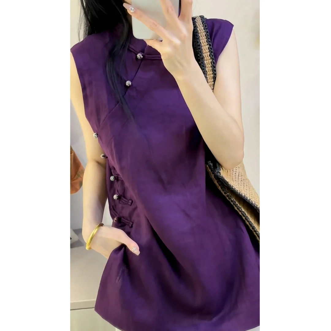 2025夏日绝美穿搭小众不撞款新中式国风气质紫色盘扣无袖衬衫上衣