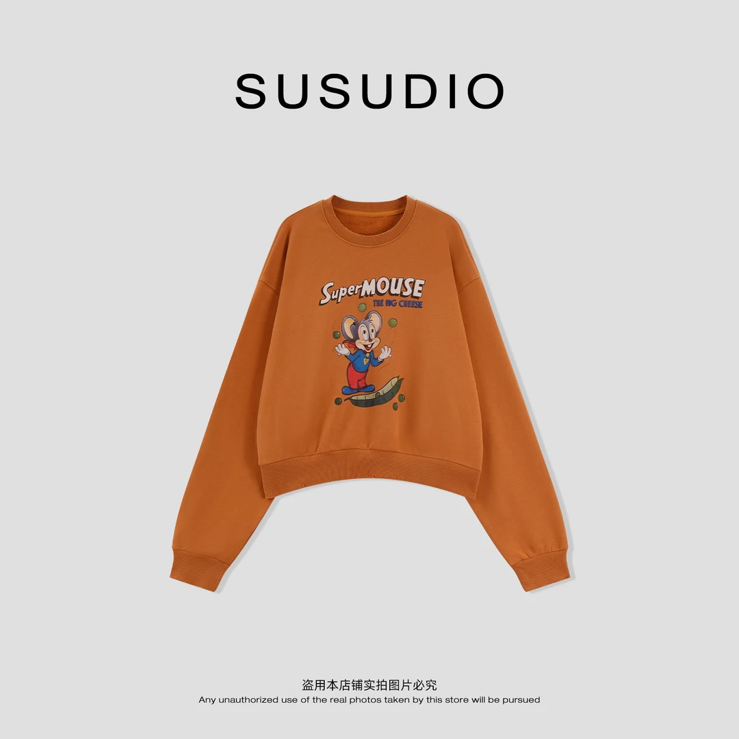 SUSUDIO 秋季圆领加绒卡通米老鼠印花日常舒适长袖卫衣 60034