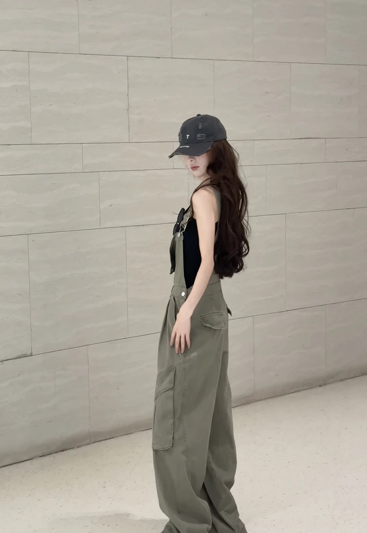 长款工装背带裤阔腿宽松休闲牛仔洗水连体裤+夏季工字背心两件套