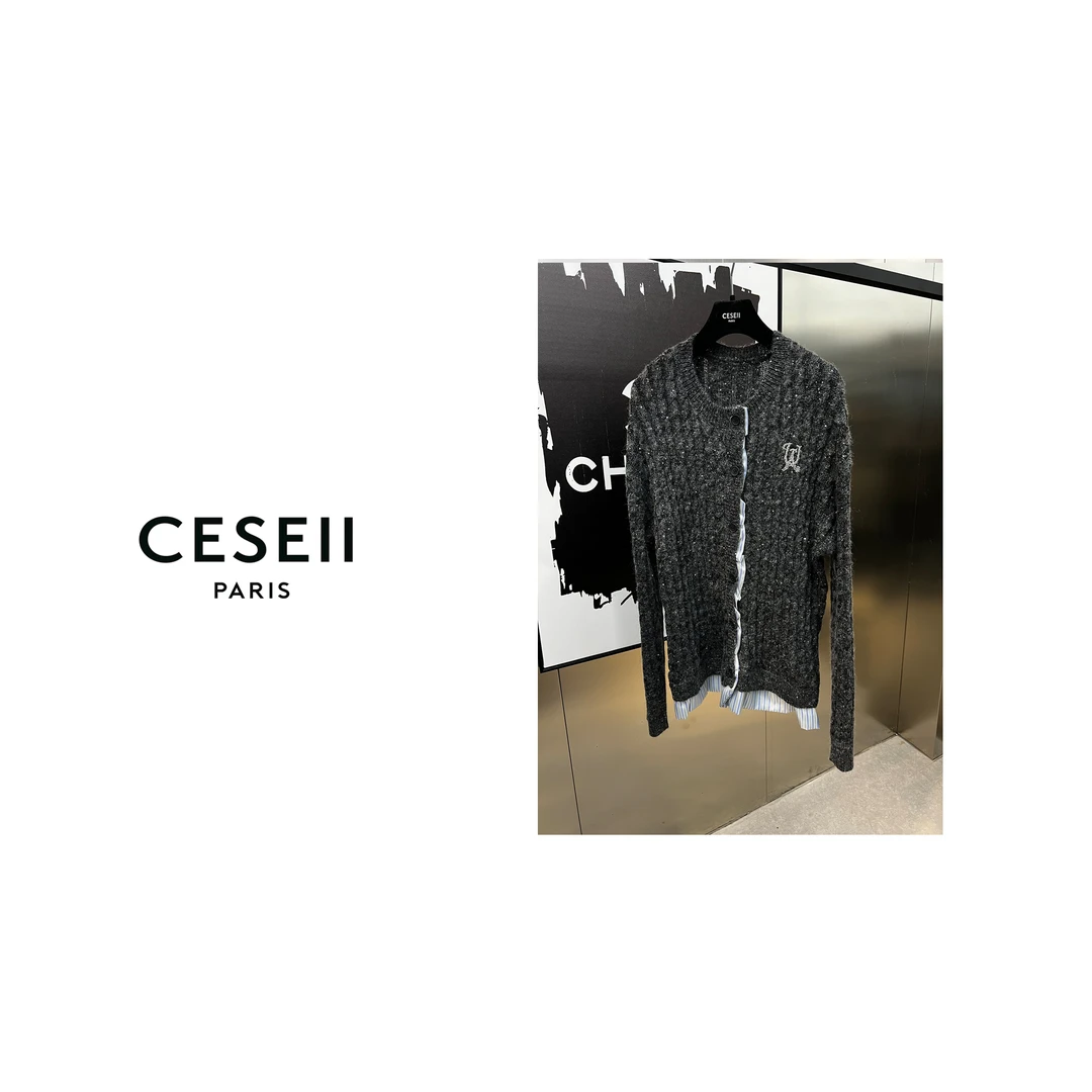 【XJ1357】CESEII秋冬经典复古布边拼接珠片字母毛衣开衫