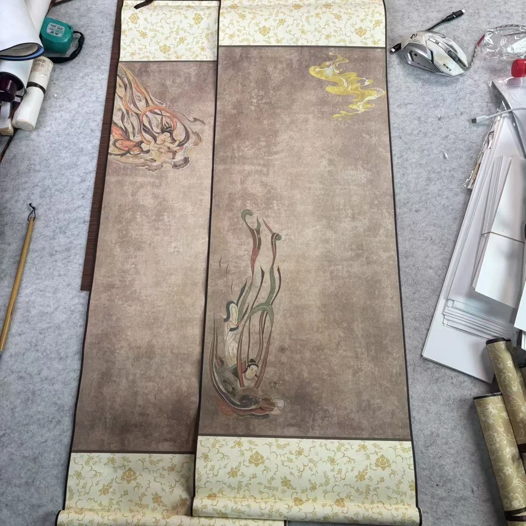 （10个一组）敦煌壁画人物款四尺四开95*32cm书法蜡染半生熟挂轴