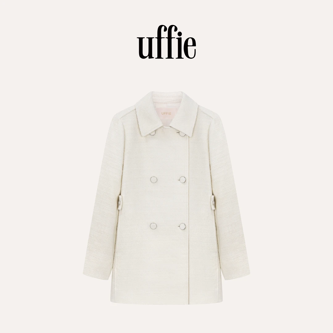 UFFIE于绘 静奢白 腰袢饰双排扣花呢大衣