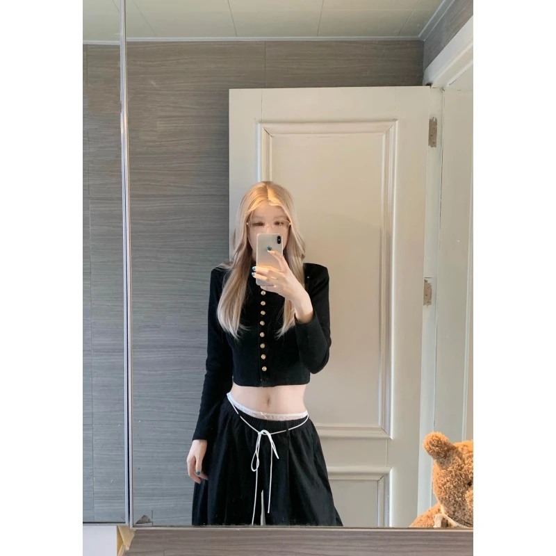 黑色高级感慵懒风修身长袖针织上衣女秋冬气质休闲百搭阔腿裤套装