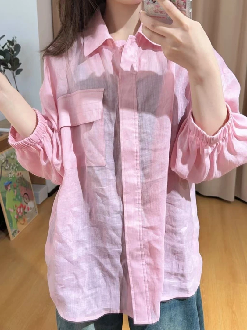 13469余小鱼 【蜜桃味】桃粉色POLO领大口袋中袖袖口松紧衬衫女装