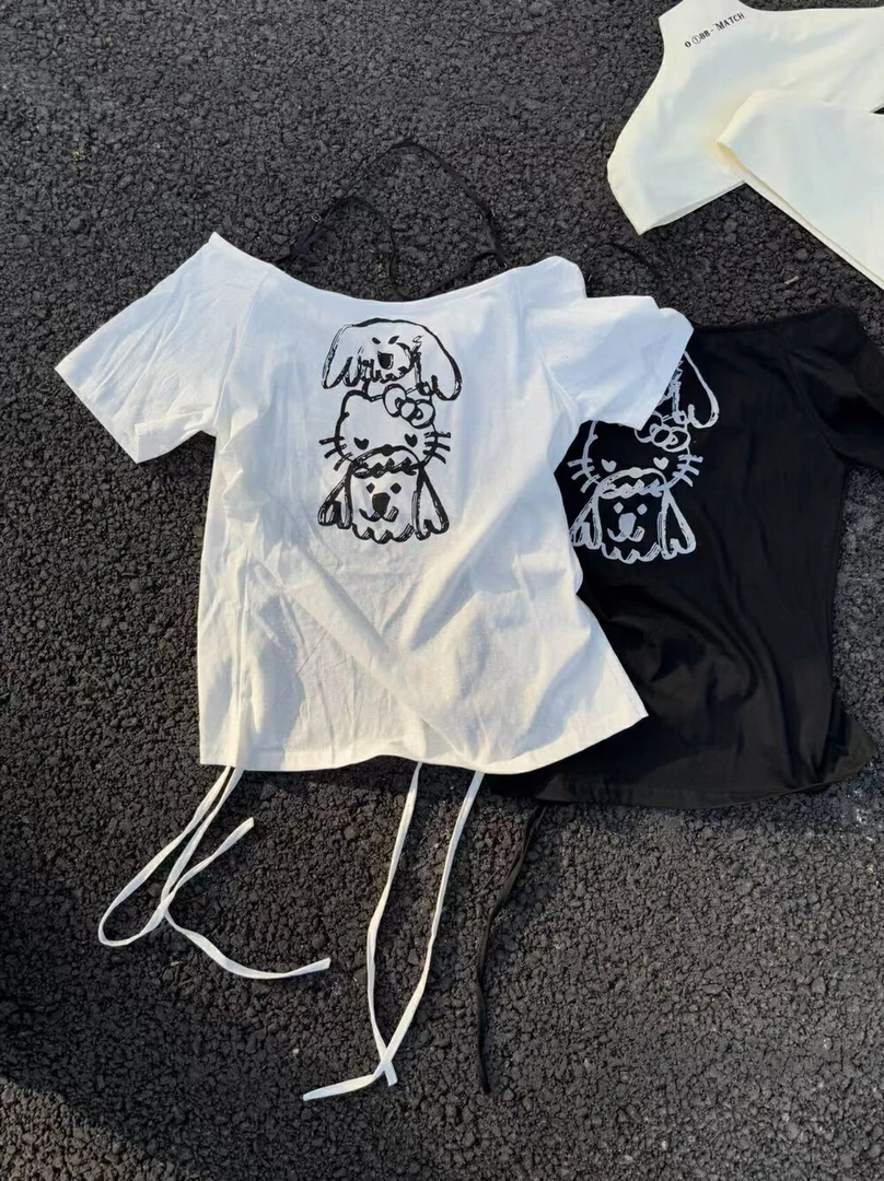 FAFA孤品直播间扣号下单不退不换！卡通印花后背绑带短袖T恤