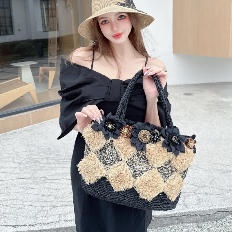 CREAMPP 原创手钩针拉菲草编包立体菱形浮雕复古巴洛花饰克托特包