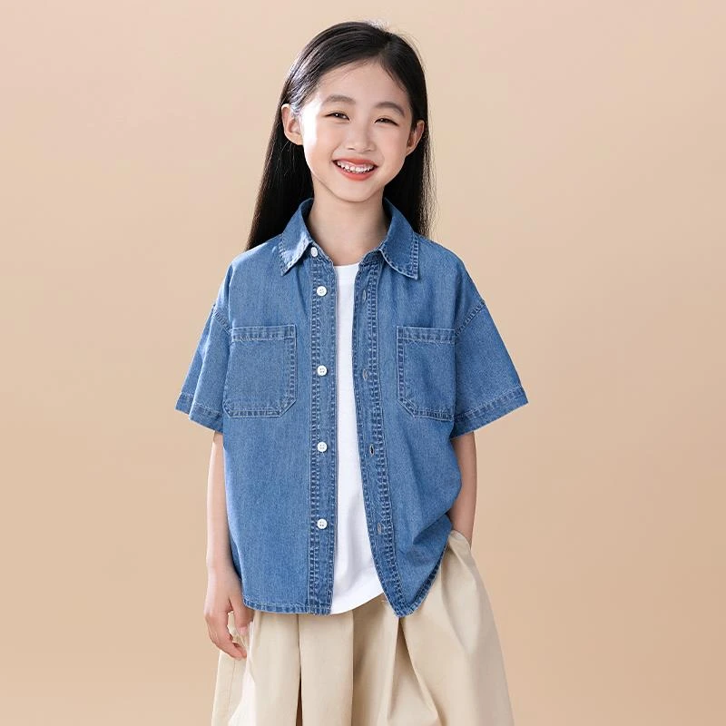 FAVMARTHA女童衬衫短袖薄款2025夏季新款中大童牛仔上衣棉外套休