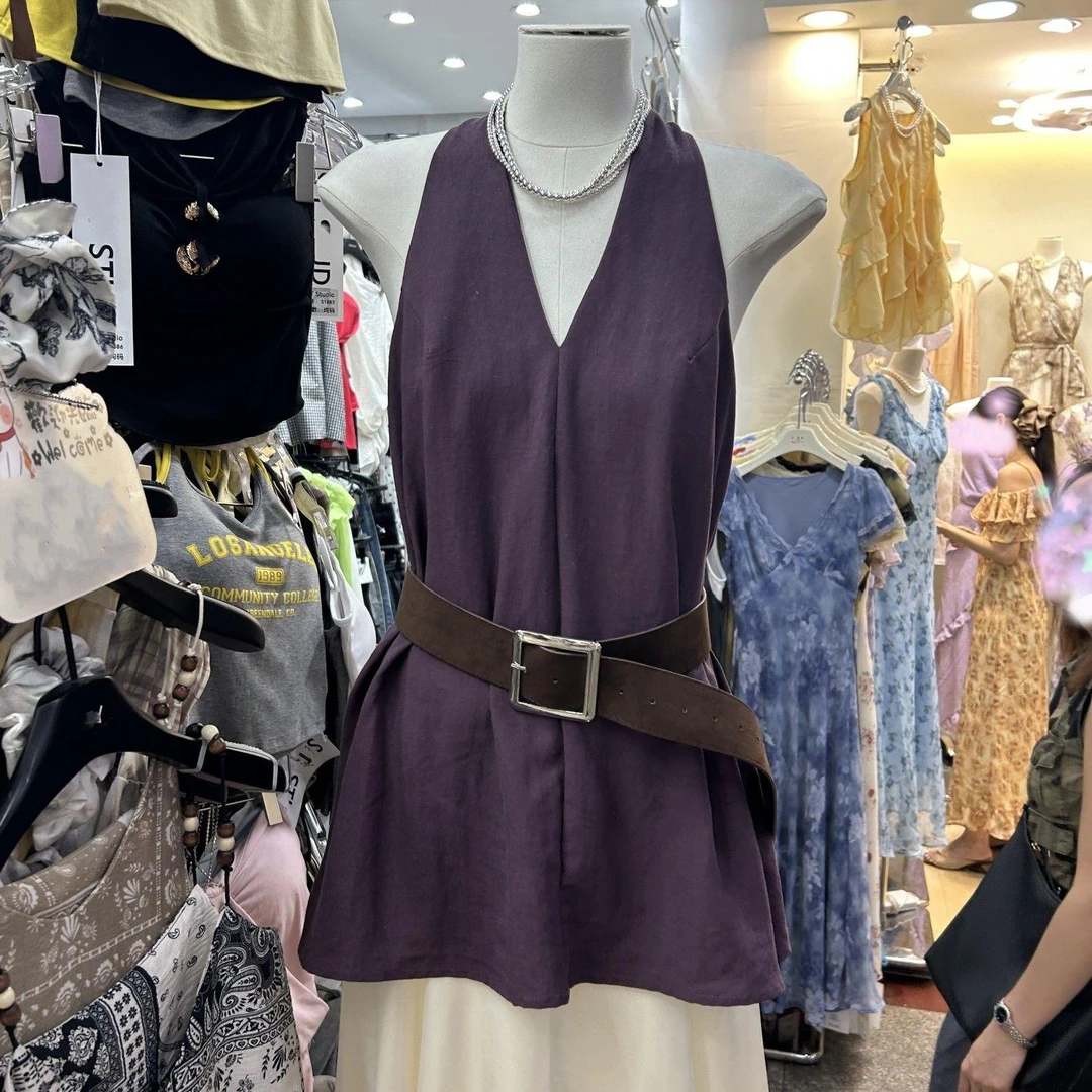 2025夏装新款韩系气质无袖背心女复古外穿露背宽松挂脖上衣