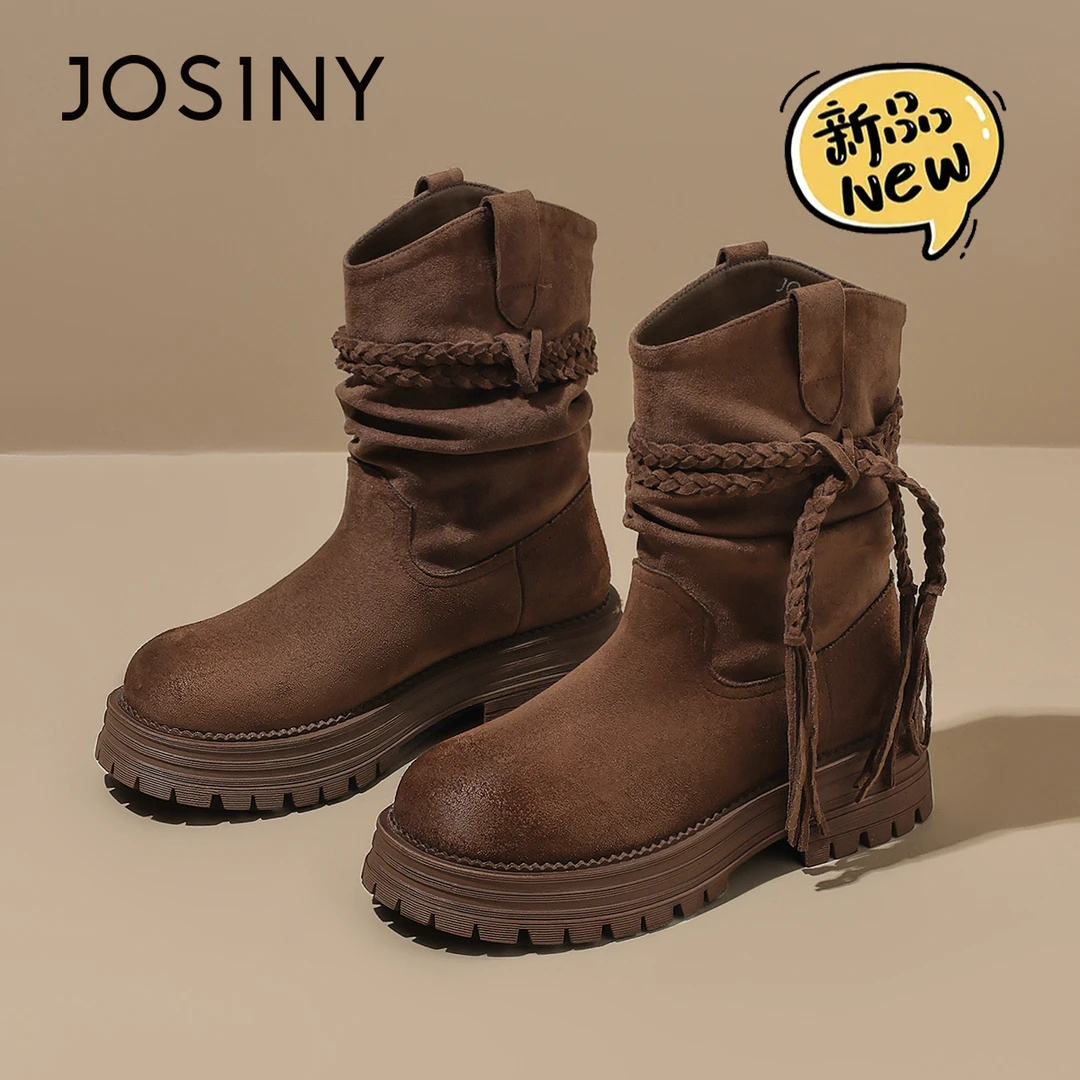 卓诗尼美拉德中筒西部靴女2025秋季新款厚底增高马丁靴复古堆堆靴