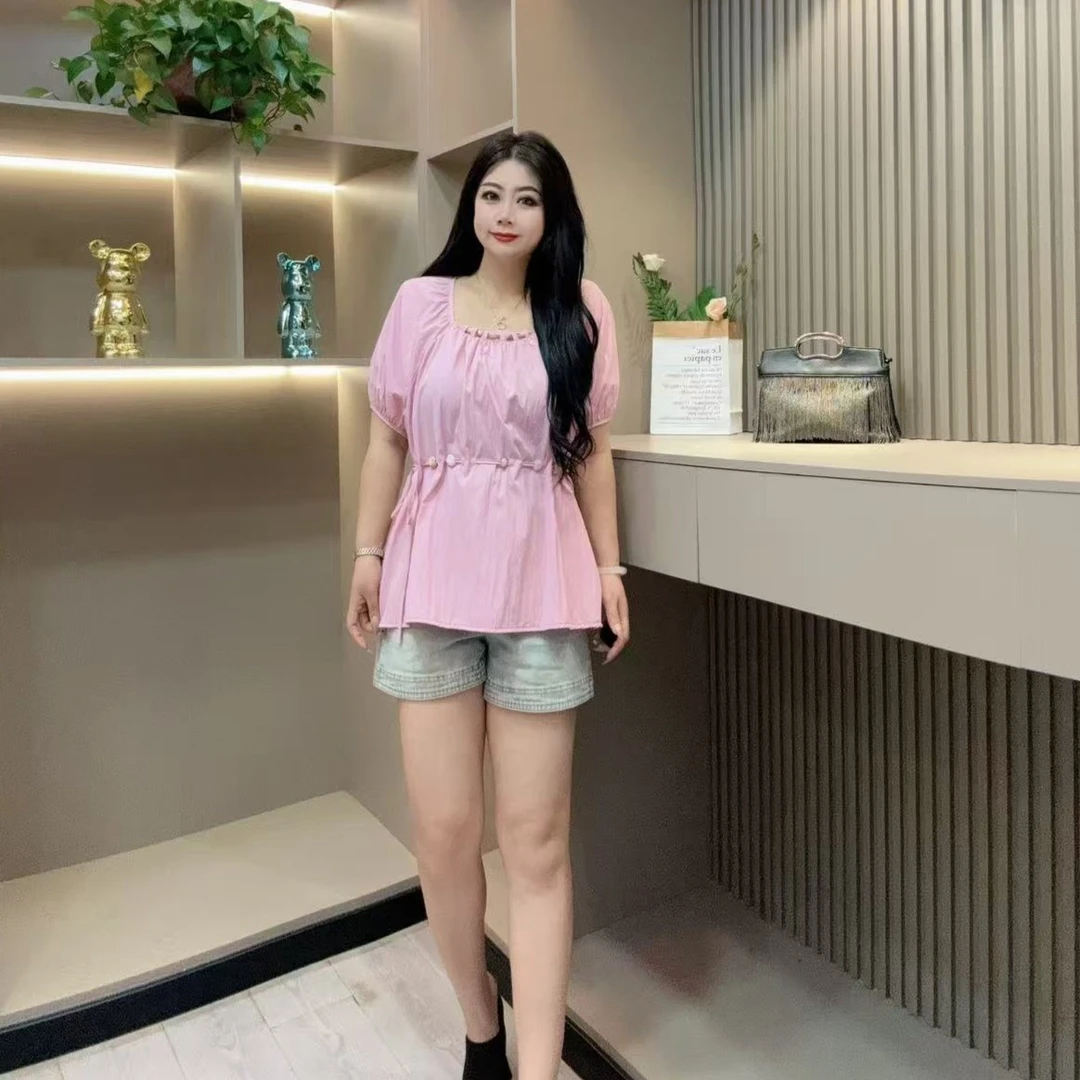 夏季半袖-甜 3922时尚潮流减龄领口设计串绳款胖MM大码女装新款