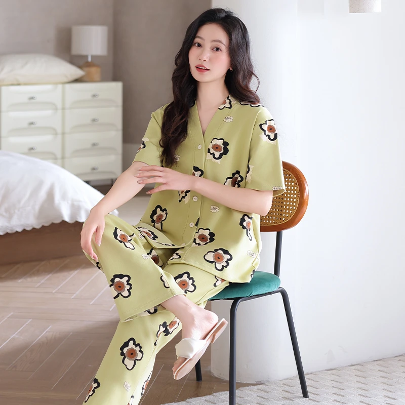 睡衣女夏季纯棉短袖长裤和服V领开衫薄款可爱宽松全棉家居服套装