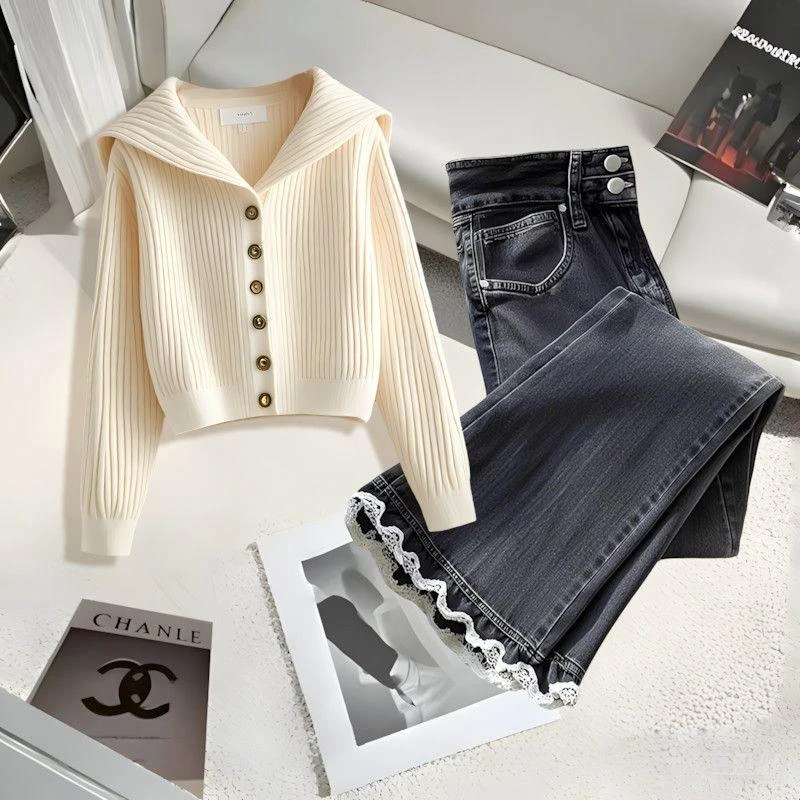 2025春秋时尚法式海军领针织开衫上衣高级感蕾丝边阔腿裤两件套女