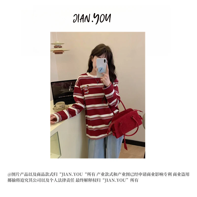 JIANYOU-「撞色拼接」2025春季新款长袖百搭宽松拼接条纹女T恤C-614