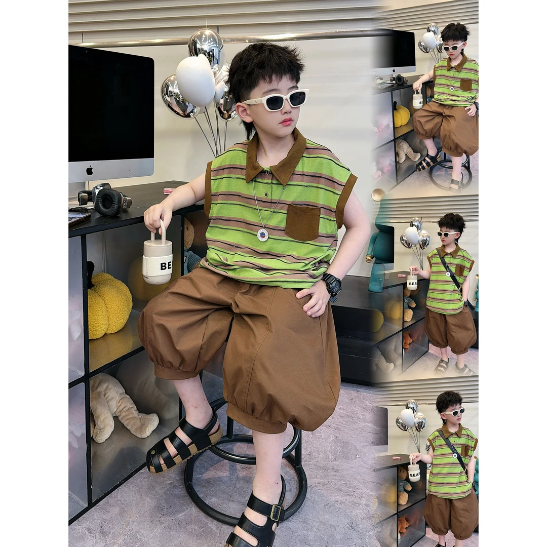 蛋蛋家【旷野秘境】夏季新款儿童洋气休闲绿棕条纹Polo套装